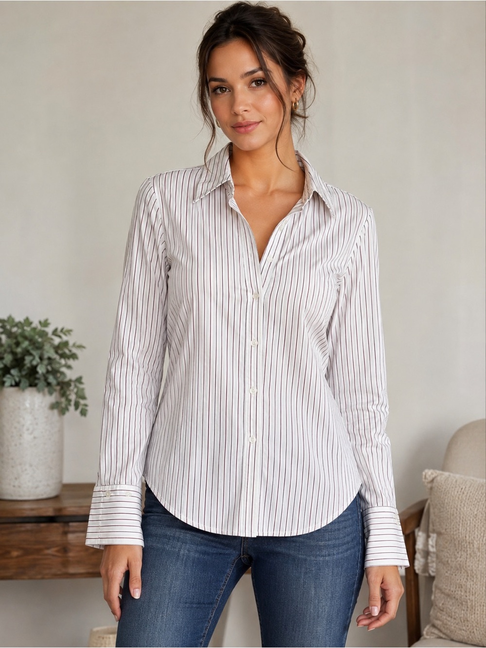 The Limited Women's White Shirt with Red and Gray Pinstripes